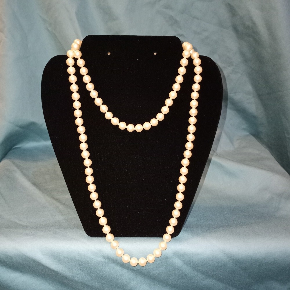 Faux Pearl Necklace 36" Knotted Single Strand Ball Clasp‎ Cream J1